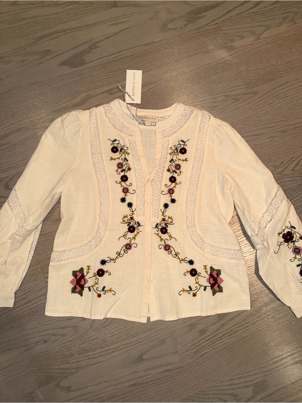 Jennifer & Grace Embroidered Cream Button-Front Peasant Blouse